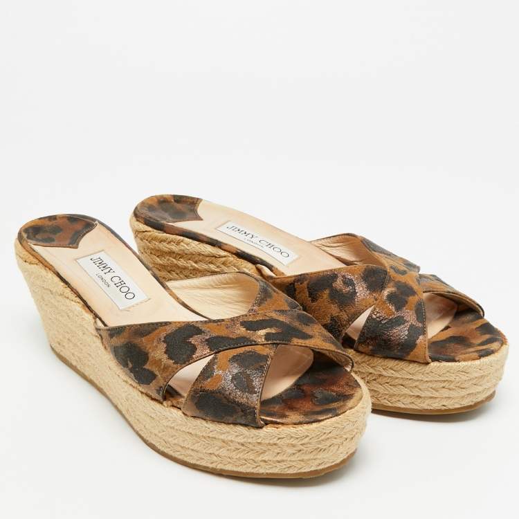 Pre Owned Jimmy Choo Dovina Size 41 Leopard Print Suede Espadrille Wedge Platform Sandals