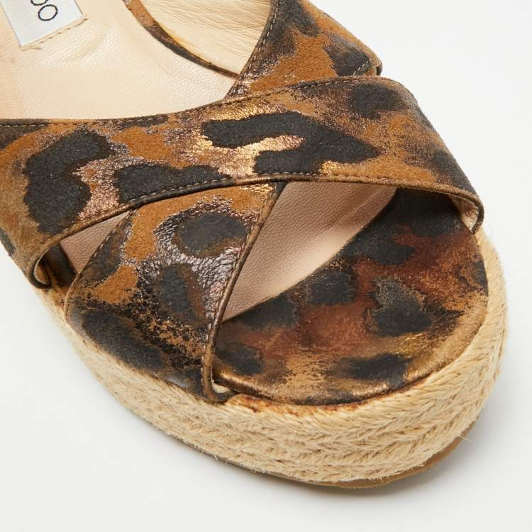 Pre Owned Jimmy Choo Dovina Size 41 Leopard Print Suede Espadrille Wedge Platform Sandals