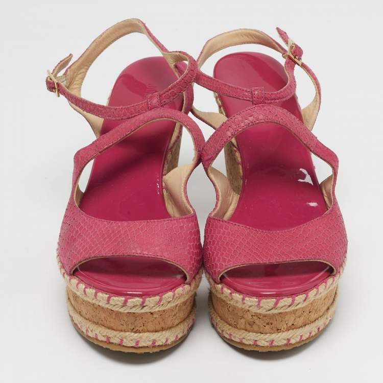 Pre Owned Jimmy Choo Size 40 Pink Snakeskin Embossed Leather Wedge Sandals