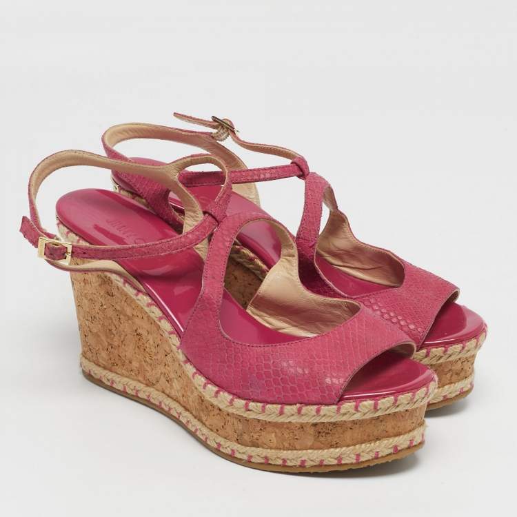 Pre Owned Jimmy Choo Size 40 Pink Snakeskin Embossed Leather Wedge Sandals