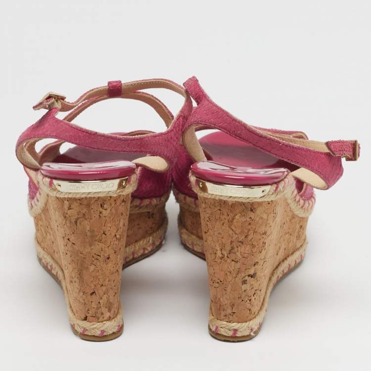 Pre Owned Jimmy Choo Size 40 Pink Snakeskin Embossed Leather Wedge Sandals