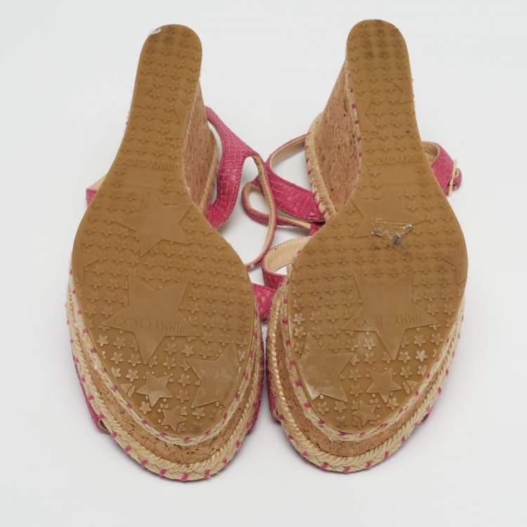 Pre Owned Jimmy Choo Size 40 Pink Snakeskin Embossed Leather Wedge Sandals