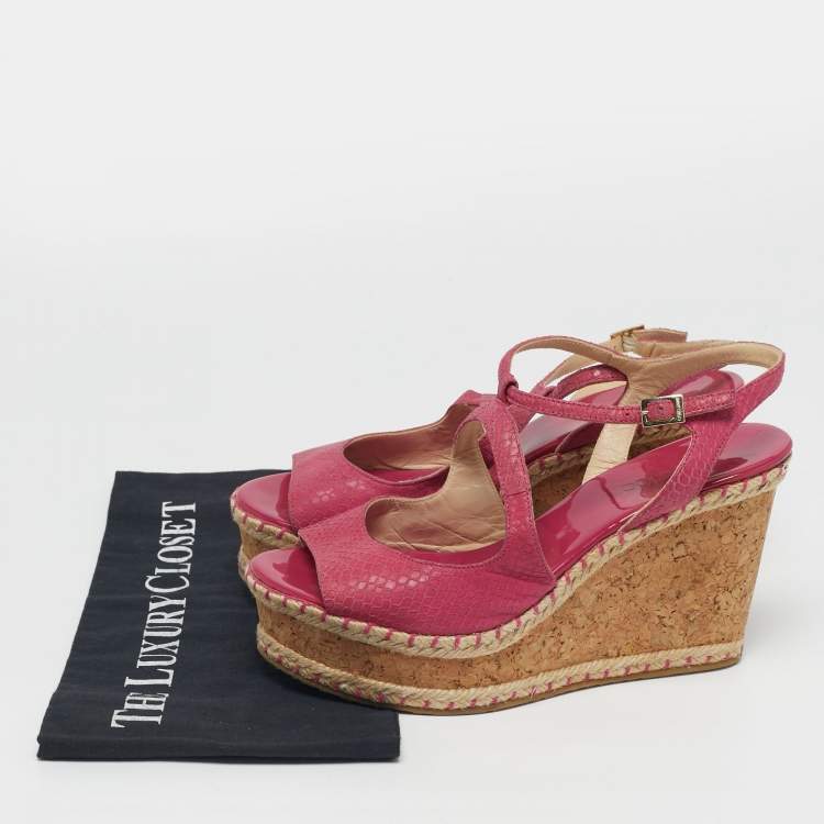 Pre Owned Jimmy Choo Size 40 Pink Snakeskin Embossed Leather Wedge Sandals