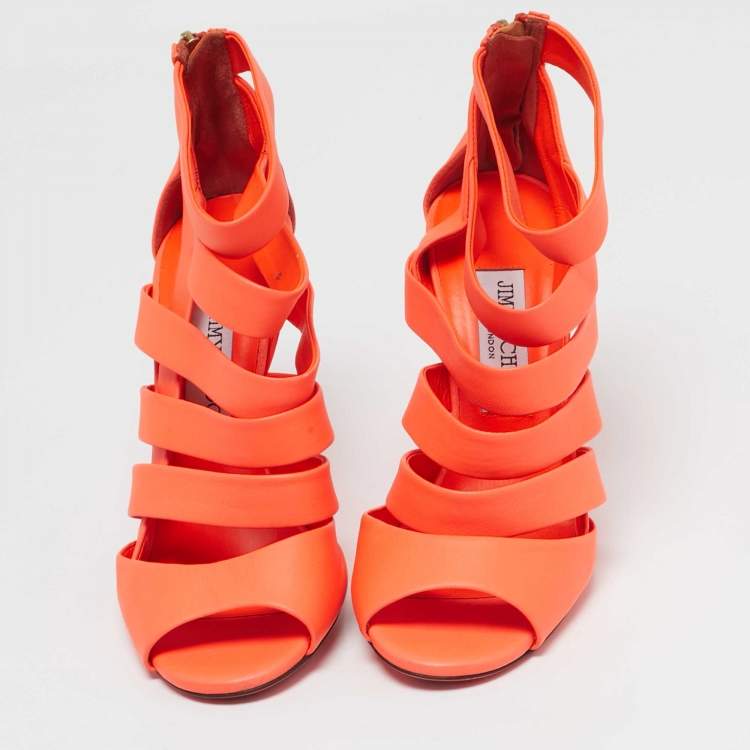 Pre Owned Jimmy Choo Dame Size 37 Orange Leather Ankle Strap Sandals