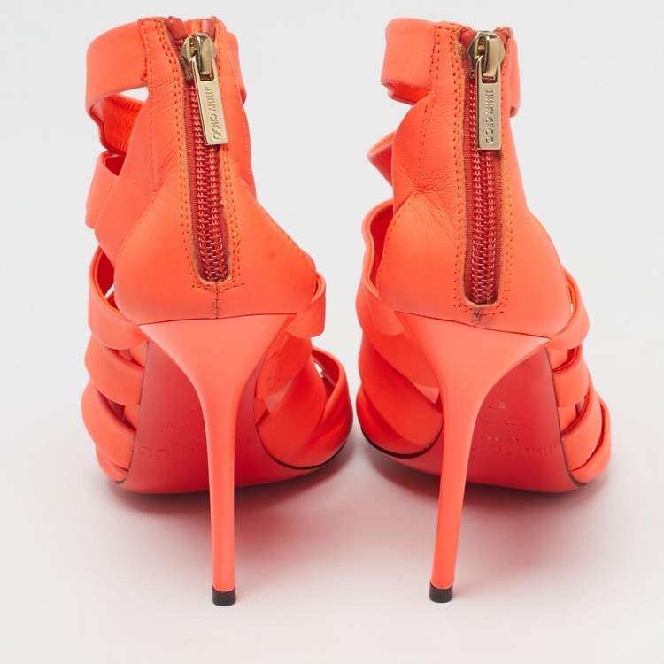 Pre Owned Jimmy Choo Dame Size 37 Orange Leather Ankle Strap Sandals