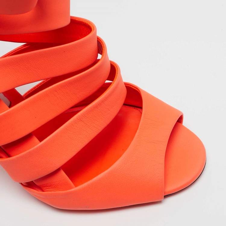 Pre Owned Jimmy Choo Dame Size 37 Orange Leather Ankle Strap Sandals