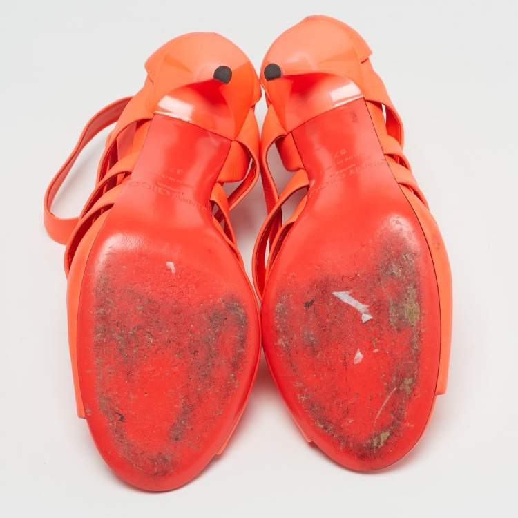 Pre Owned Jimmy Choo Dame Size 37 Orange Leather Ankle Strap Sandals