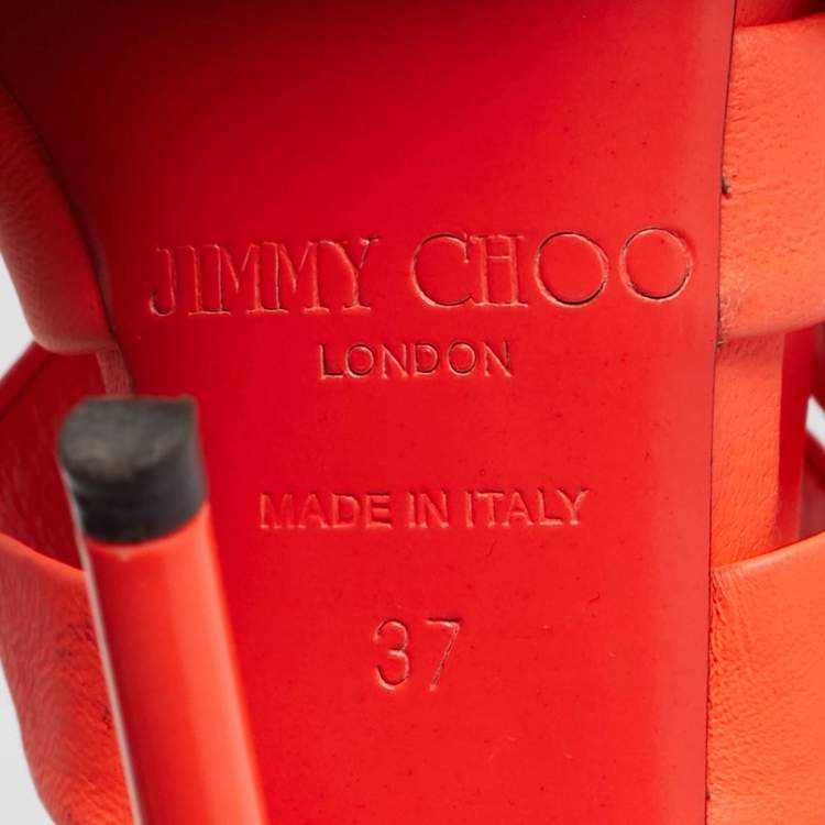 Pre Owned Jimmy Choo Dame Size 37 Orange Leather Ankle Strap Sandals
