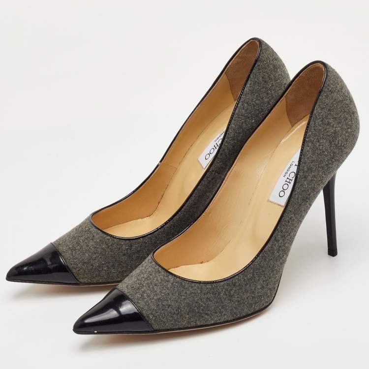 Pre Owned Jimmy Choo Size 40.5 Grey/Black Wool and Patent Leather Pointed Toe Pumps