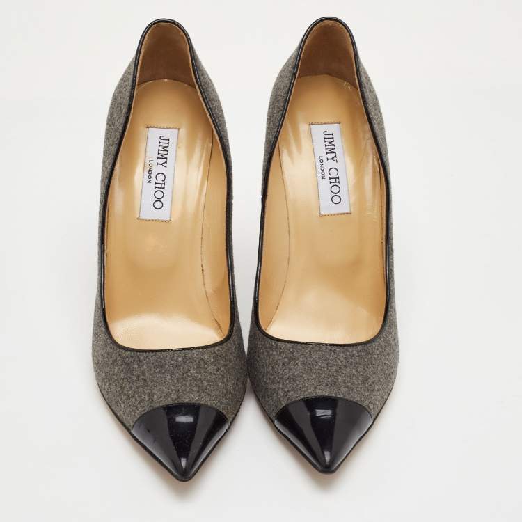 Pre Owned Jimmy Choo Size 40.5 Grey/Black Wool and Patent Leather Pointed Toe Pumps