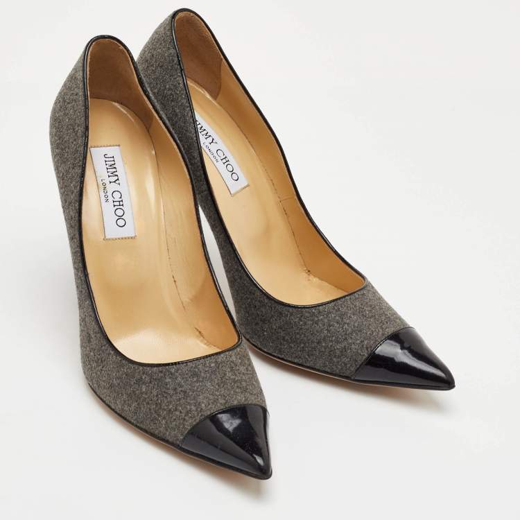Pre Owned Jimmy Choo Size 40.5 Grey/Black Wool and Patent Leather Pointed Toe Pumps