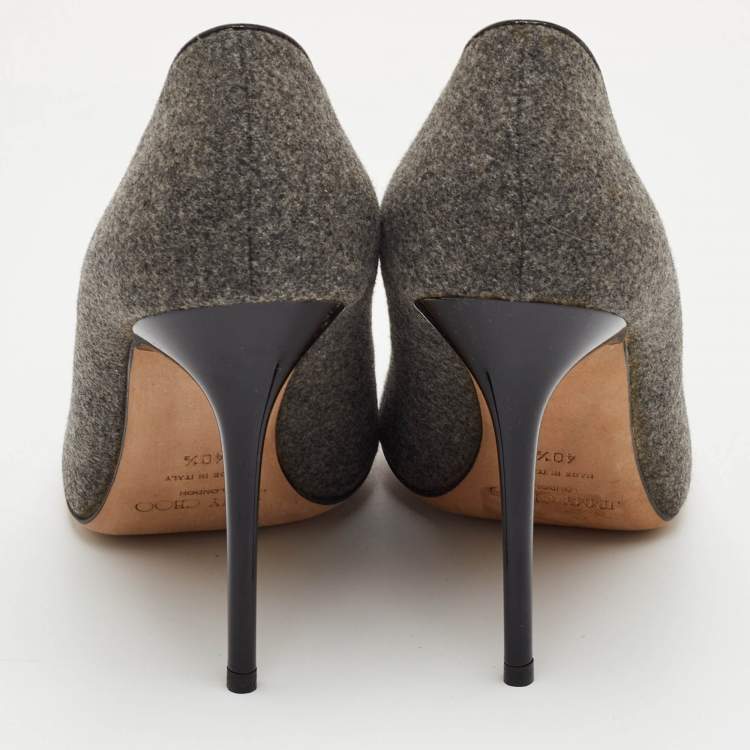 Pre Owned Jimmy Choo Size 40.5 Grey/Black Wool and Patent Leather Pointed Toe Pumps