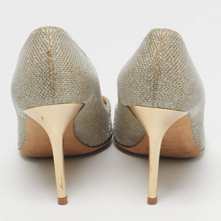 Pre Owned Jimmy Choo Romy Size 35.5 Gold/Silver Fabric and Glitter Pumps