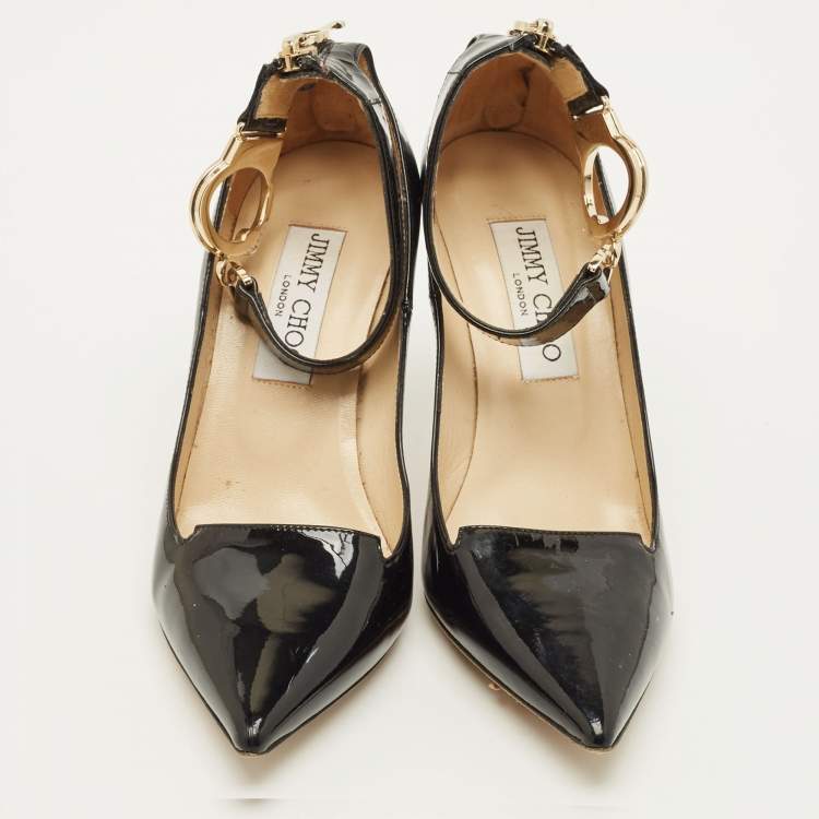 Pre Owned Jimmy Choo Devote Size 35.5 Black Patent Leather Handcuff Pointed Toe Pumps