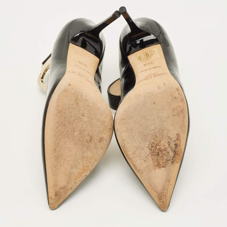 Pre Owned Jimmy Choo Devote Size 35.5 Black Patent Leather Handcuff Pointed Toe Pumps