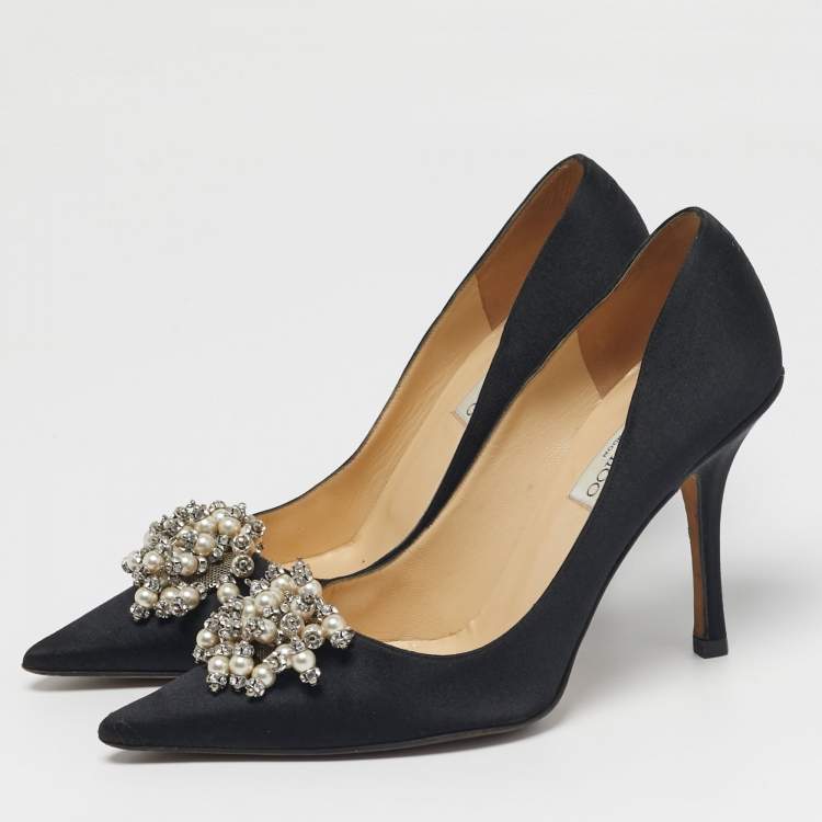 Pre Owned حذاء كعب عالي جيمي تشو ماندا ساتان أسود مزين مقدمة مدببة مقاس 39.5