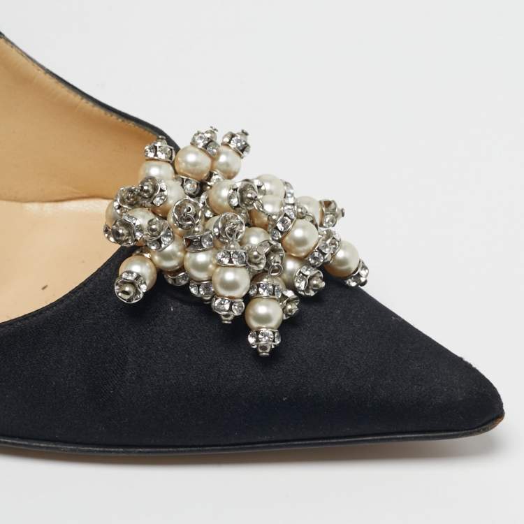 Pre Owned حذاء كعب عالي جيمي تشو ماندا ساتان أسود مزين مقدمة مدببة مقاس 39.5