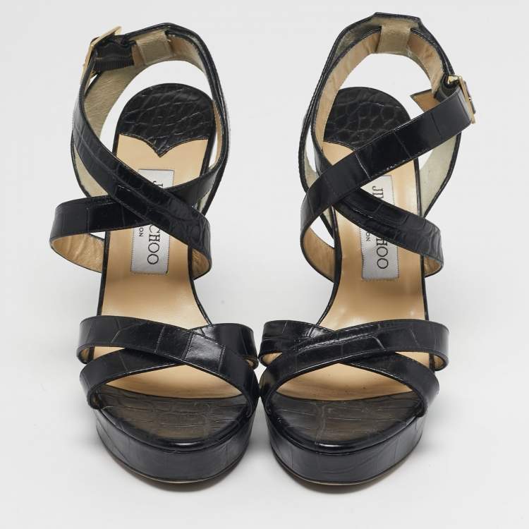 Pre Owned Jimmy Choo Size 38.5 Black Croc Embossed Leather Crisscross Ankle Strap Sandals