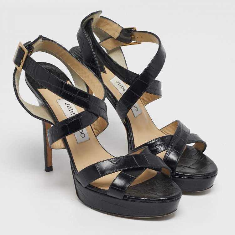Pre Owned Jimmy Choo Size 38.5 Black Croc Embossed Leather Crisscross Ankle Strap Sandals