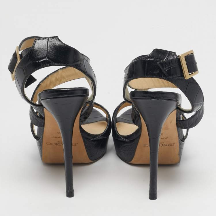 Pre Owned Jimmy Choo Size 38.5 Black Croc Embossed Leather Crisscross Ankle Strap Sandals