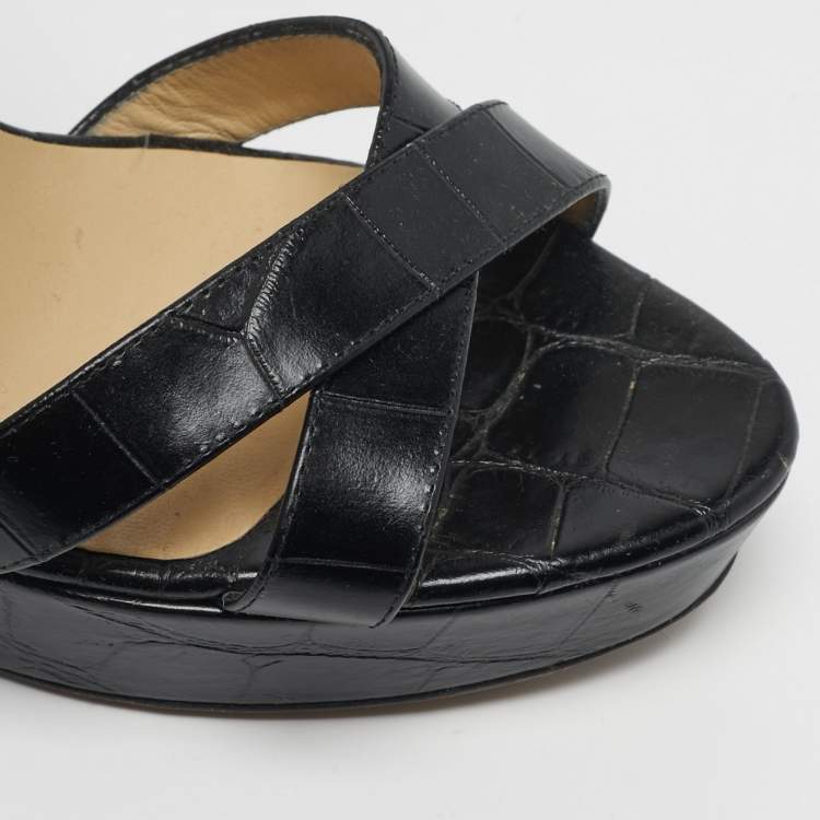 Pre Owned Jimmy Choo Size 38.5 Black Croc Embossed Leather Crisscross Ankle Strap Sandals