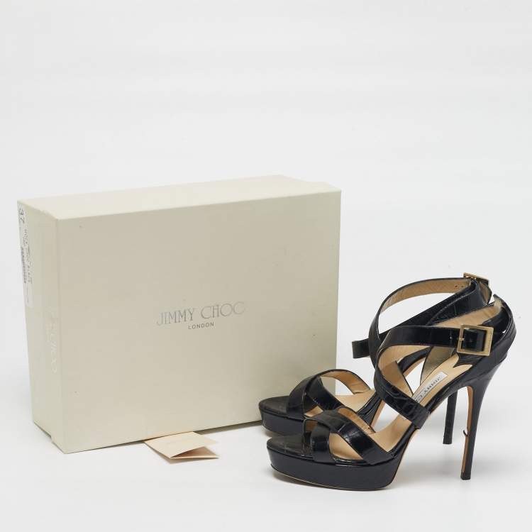 Pre Owned Jimmy Choo Size 38.5 Black Croc Embossed Leather Crisscross Ankle Strap Sandals