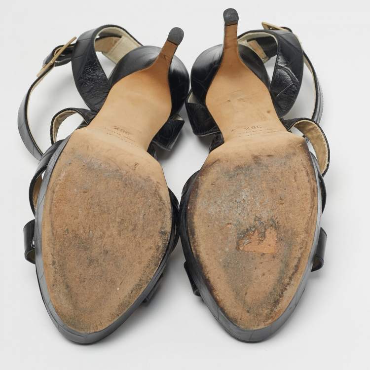 Pre Owned Jimmy Choo Size 38.5 Black Croc Embossed Leather Crisscross Ankle Strap Sandals
