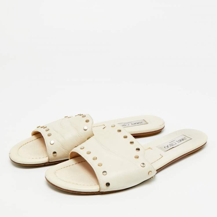 Pre Owned Jimmy Choo Nanda Size 39 Cream Leather Studded Flat Slides