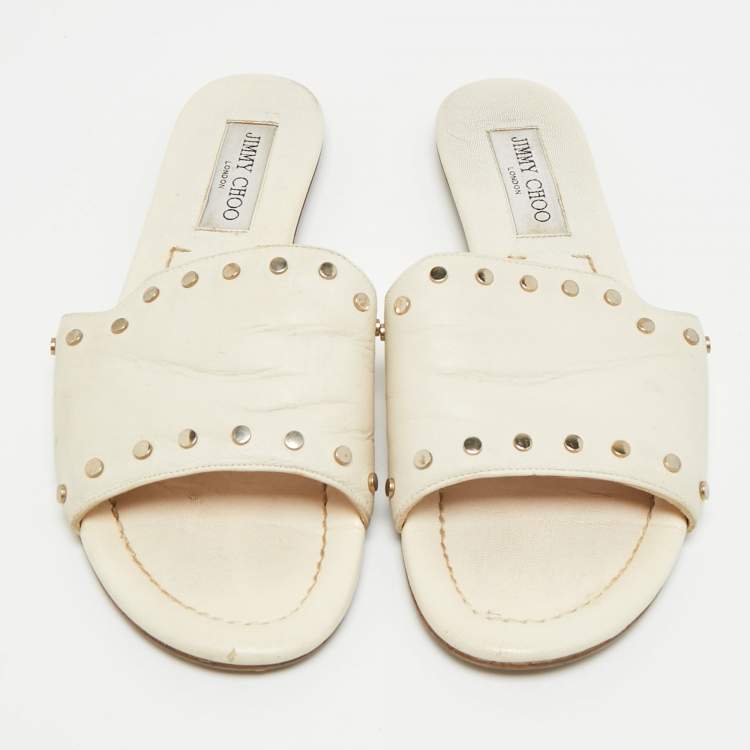 Pre Owned Jimmy Choo Nanda Size 39 Cream Leather Studded Flat Slides