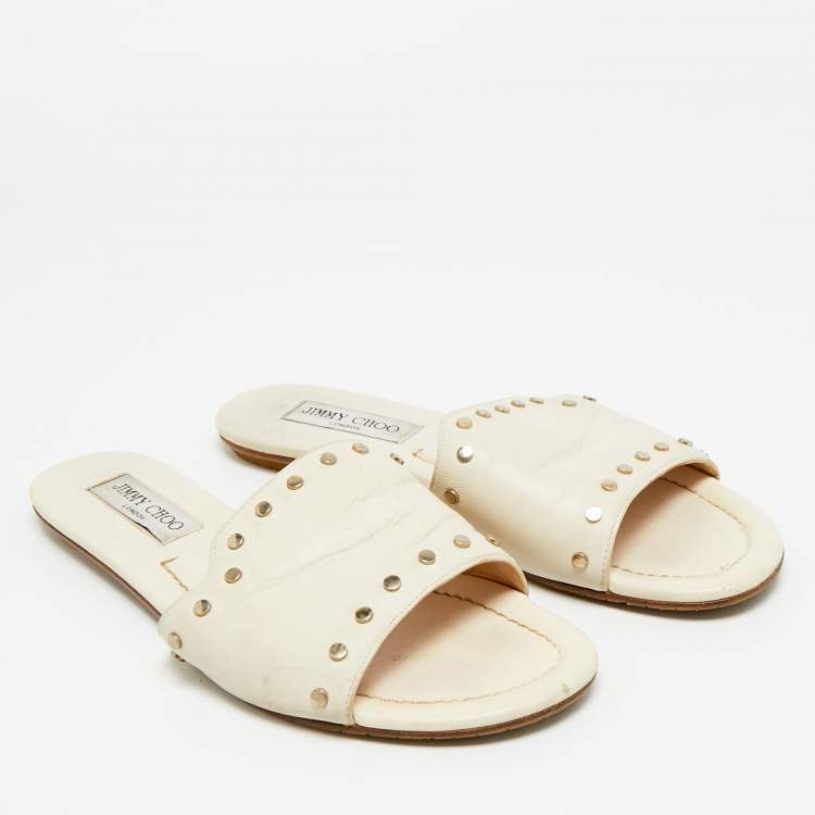 Pre Owned Jimmy Choo Nanda Size 39 Cream Leather Studded Flat Slides