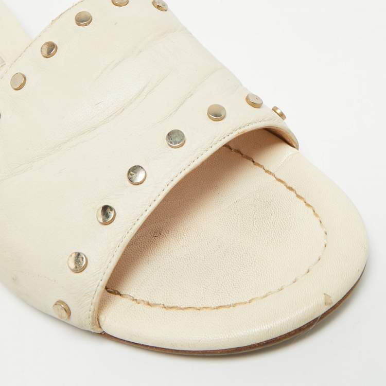Pre Owned Jimmy Choo Nanda Size 39 Cream Leather Studded Flat Slides
