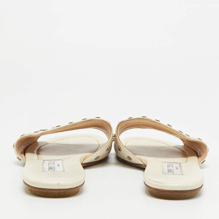 Pre Owned Jimmy Choo Nanda Size 39 Cream Leather Studded Flat Slides