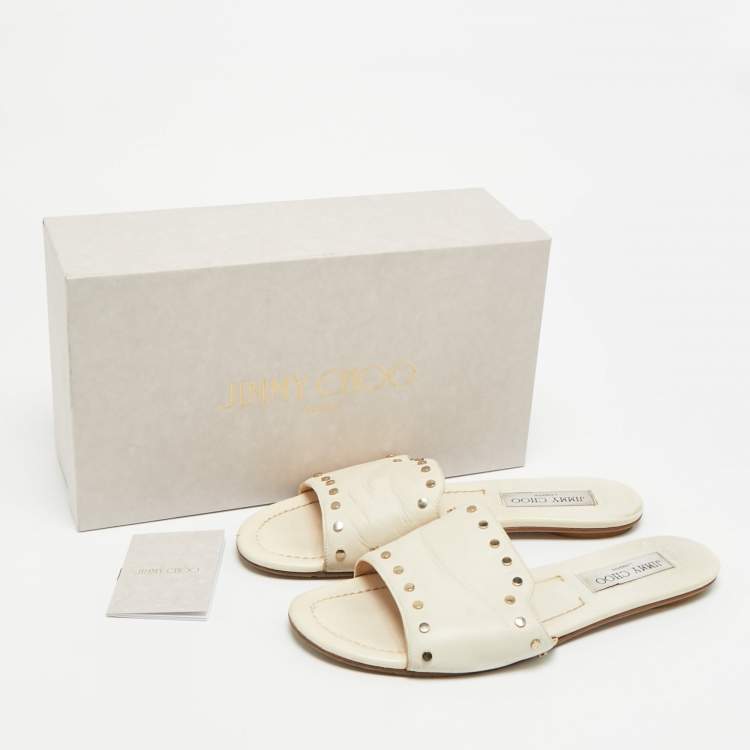 Pre Owned Jimmy Choo Nanda Size 39 Cream Leather Studded Flat Slides