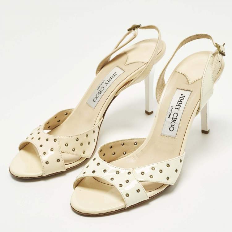 Pre Owned Jimmy Choo Size 38.5 Cream Patent Leather Slingback Sandals