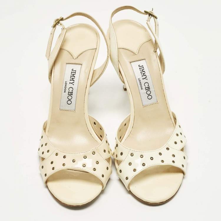 Pre Owned Jimmy Choo Size 38.5 Cream Patent Leather Slingback Sandals