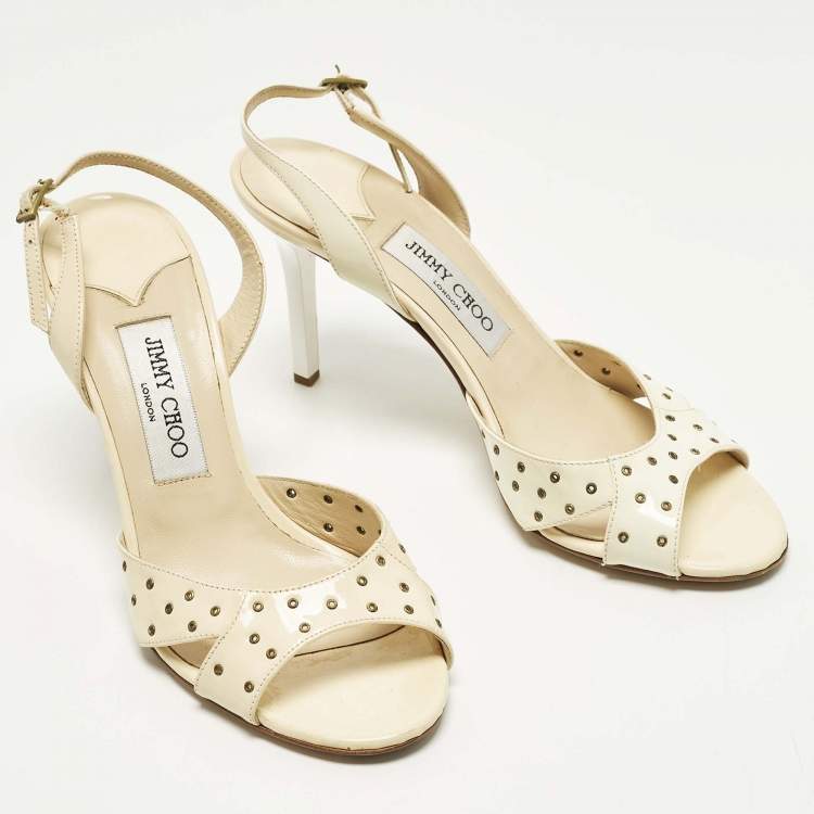 Pre Owned Jimmy Choo Size 38.5 Cream Patent Leather Slingback Sandals