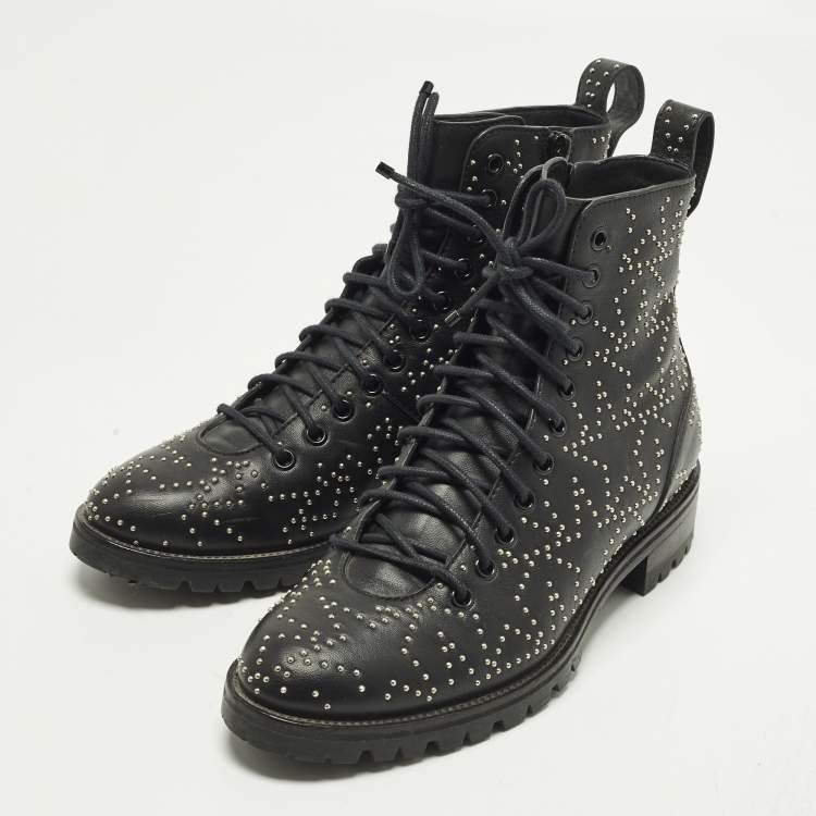 Pre Owned Jimmy Choo Cruz Size 39 Black Leather Studs Embellished Combat Boots