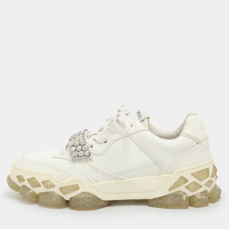 Pre Owned Jimmy Choo Diamond Crystal Embellished Size 37 White Leather Low Top Sneakers