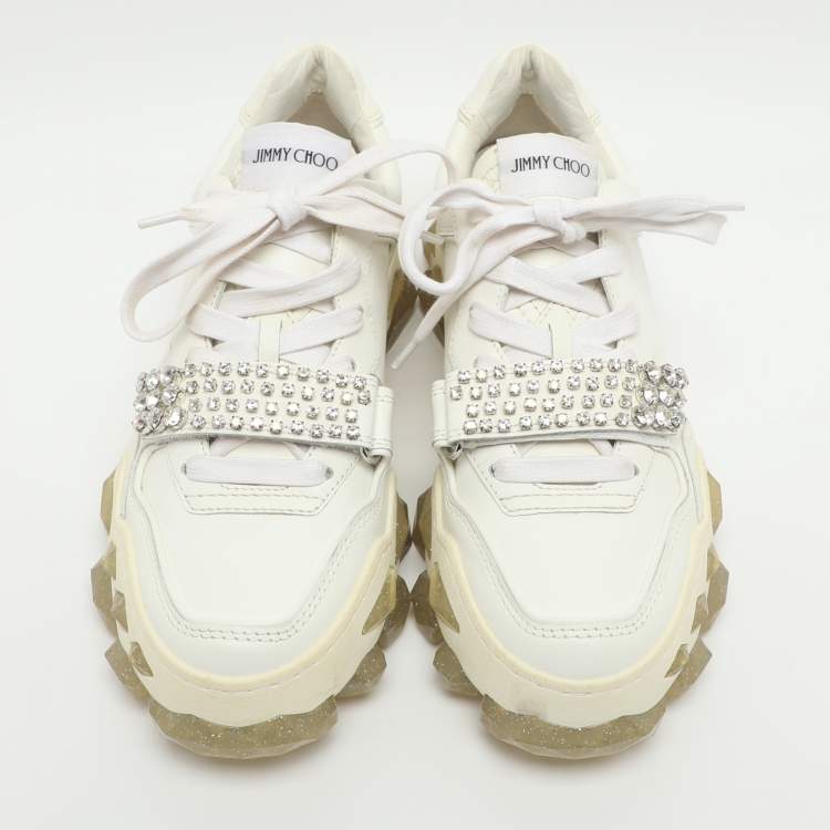 Pre Owned Jimmy Choo Diamond Crystal Embellished Size 37 White Leather Low Top Sneakers
