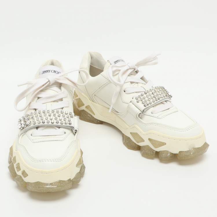 Pre Owned Jimmy Choo Diamond Crystal Embellished Size 37 White Leather Low Top Sneakers