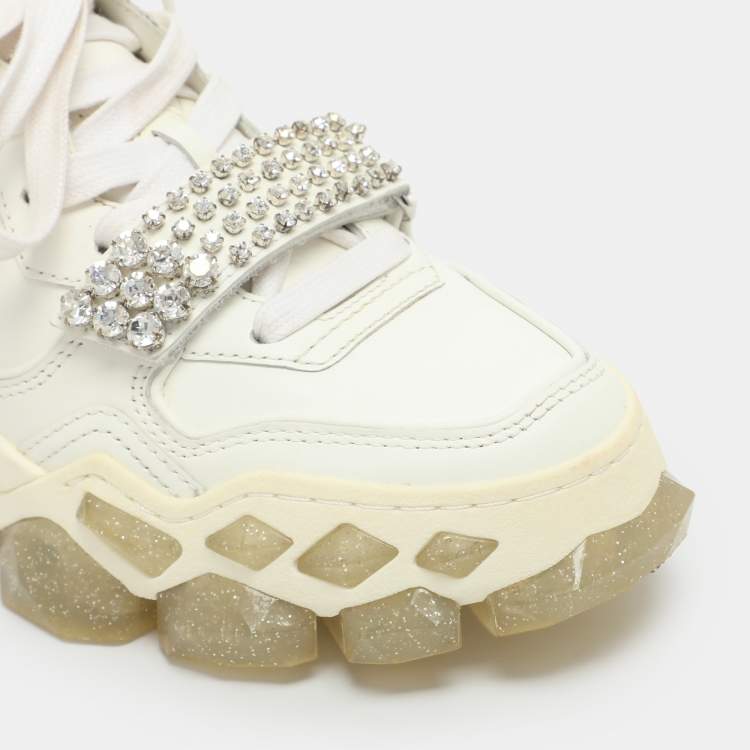 Pre Owned Jimmy Choo Diamond Crystal Embellished Size 37 White Leather Low Top Sneakers