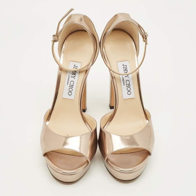 Pre Owned Jimmy Choo Max 150 Size 37 Gold Leather Ankle Strap Sandals