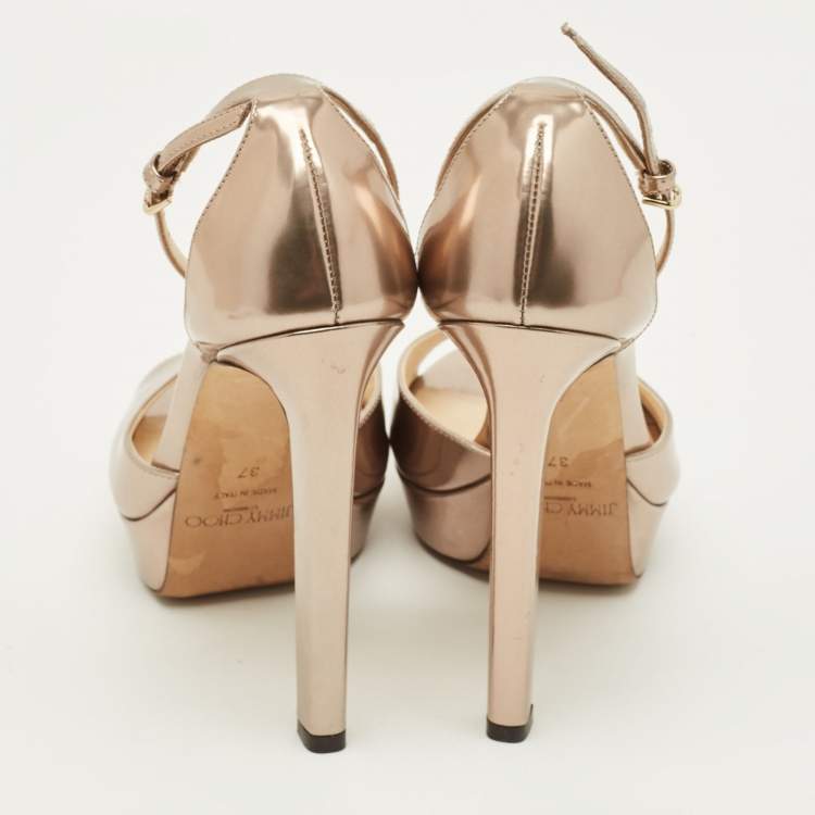 Pre Owned Jimmy Choo Max 150 Size 37 Gold Leather Ankle Strap Sandals