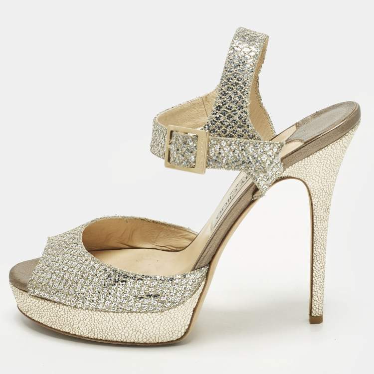 Pre Owned Jimmy Choo Linda Size 41 Silver/Gold Glitter Platform Sandals