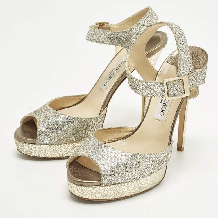 Pre Owned Jimmy Choo Linda Size 41 Silver/Gold Glitter Platform Sandals