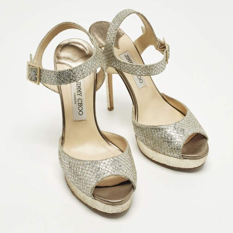Pre Owned Jimmy Choo Linda Size 41 Silver/Gold Glitter Platform Sandals