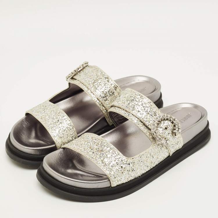 Pre Owned Jimmy Choo Marga Size 41 Silver Glitter and Leather Crystal Embellished Flat Sandals