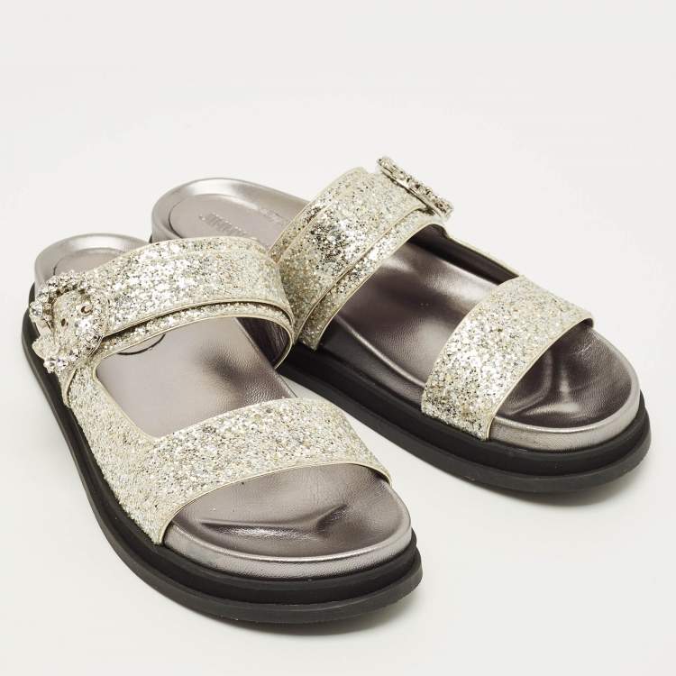 Pre Owned Jimmy Choo Marga Size 41 Silver Glitter and Leather Crystal Embellished Flat Sandals