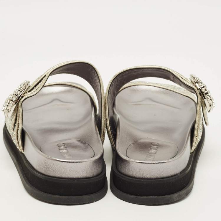 Pre Owned Jimmy Choo Marga Size 41 Silver Glitter and Leather Crystal Embellished Flat Sandals