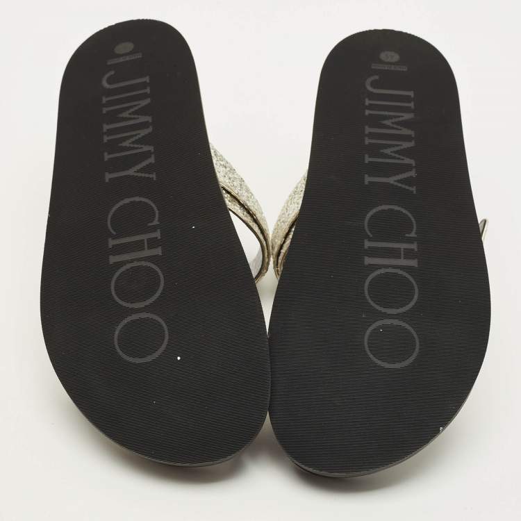 Pre Owned Jimmy Choo Marga Size 41 Silver Glitter and Leather Crystal Embellished Flat Sandals